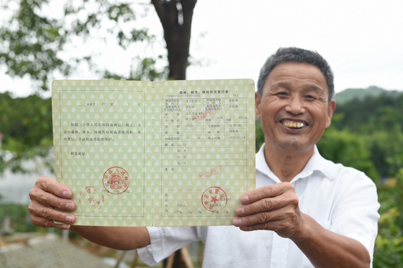 2017年6月13日，福建武平縣萬安鎮(zhèn)捷文村村民李桂林展示林權(quán)改革后領(lǐng)到的全國第一本新式林權(quán)證。