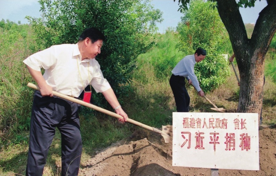 2001年10月，習(xí)近平在龍巖市長(zhǎng)汀縣調(diào)研水土流失治理工作，在河田世紀(jì)生態(tài)園為樹培土。圖源：《習(xí)近平在福建（下）》